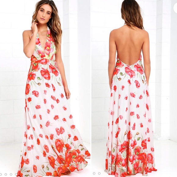 Lulu's Poppy Floral Maxi Dress Halter Neck Ivory/Red Size XL NWT - Picture 3 of 14